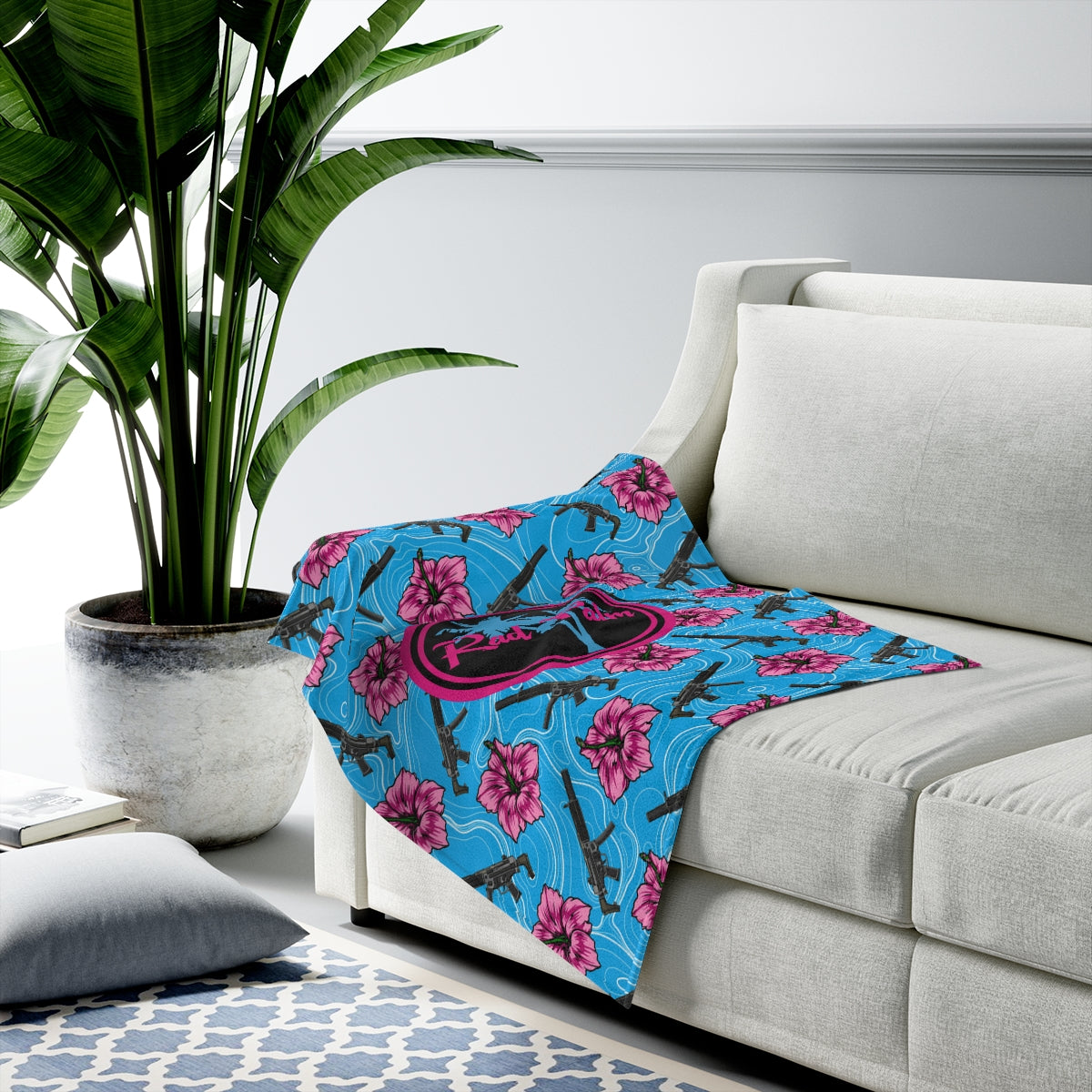 Rad Palm High Capacity Hibiscus Blue Velveteen Plush Blanket
