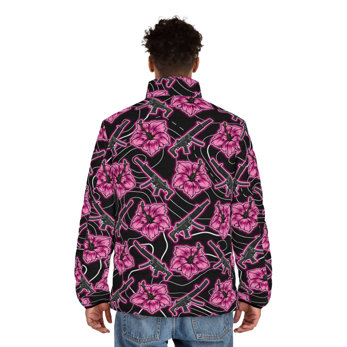 Rad Palm High Capacity Hibiscus Black Neon Men's Puffer Jacket