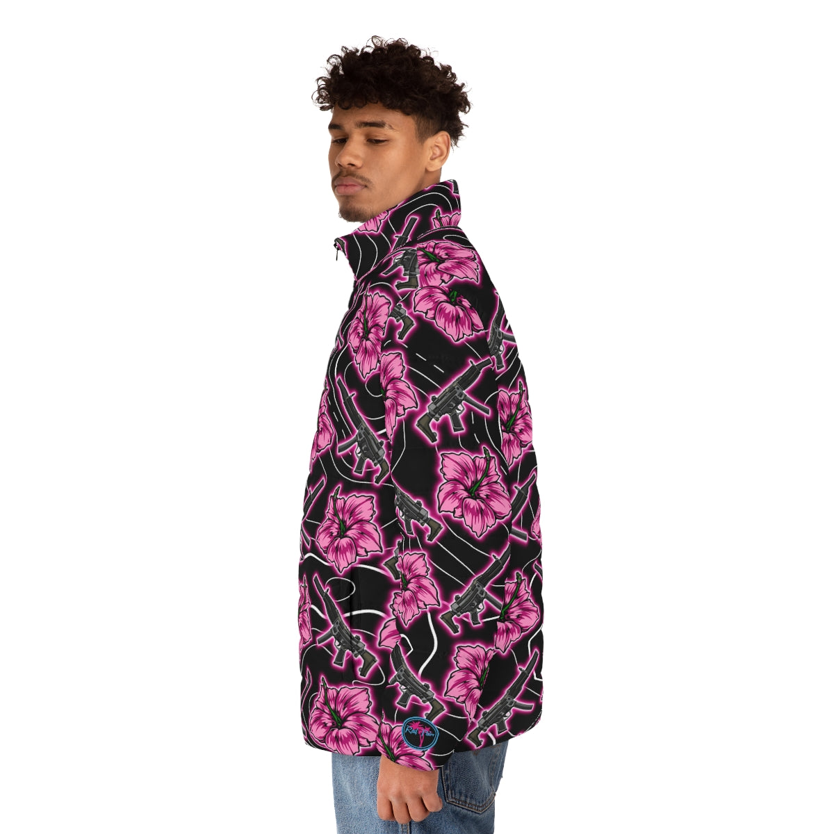 Rad Palm High Capacity Hibiscus Black Neon Men's Puffer Jacket