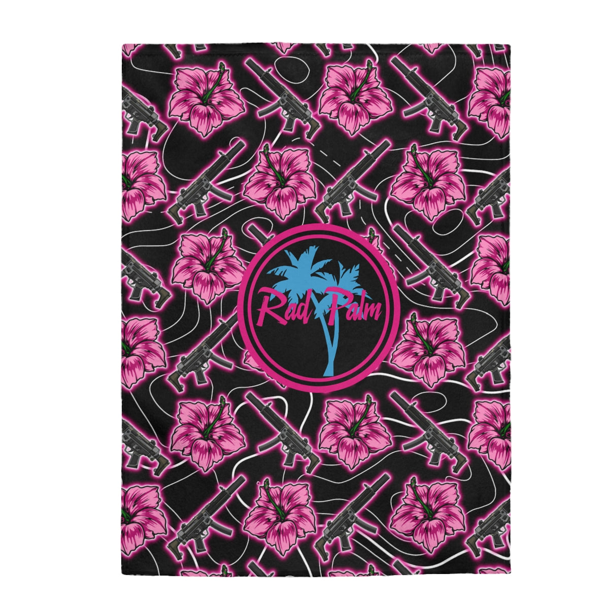 Rad Palm High Capacity Hibiscus Black Neon Velveteen Plush Blanket