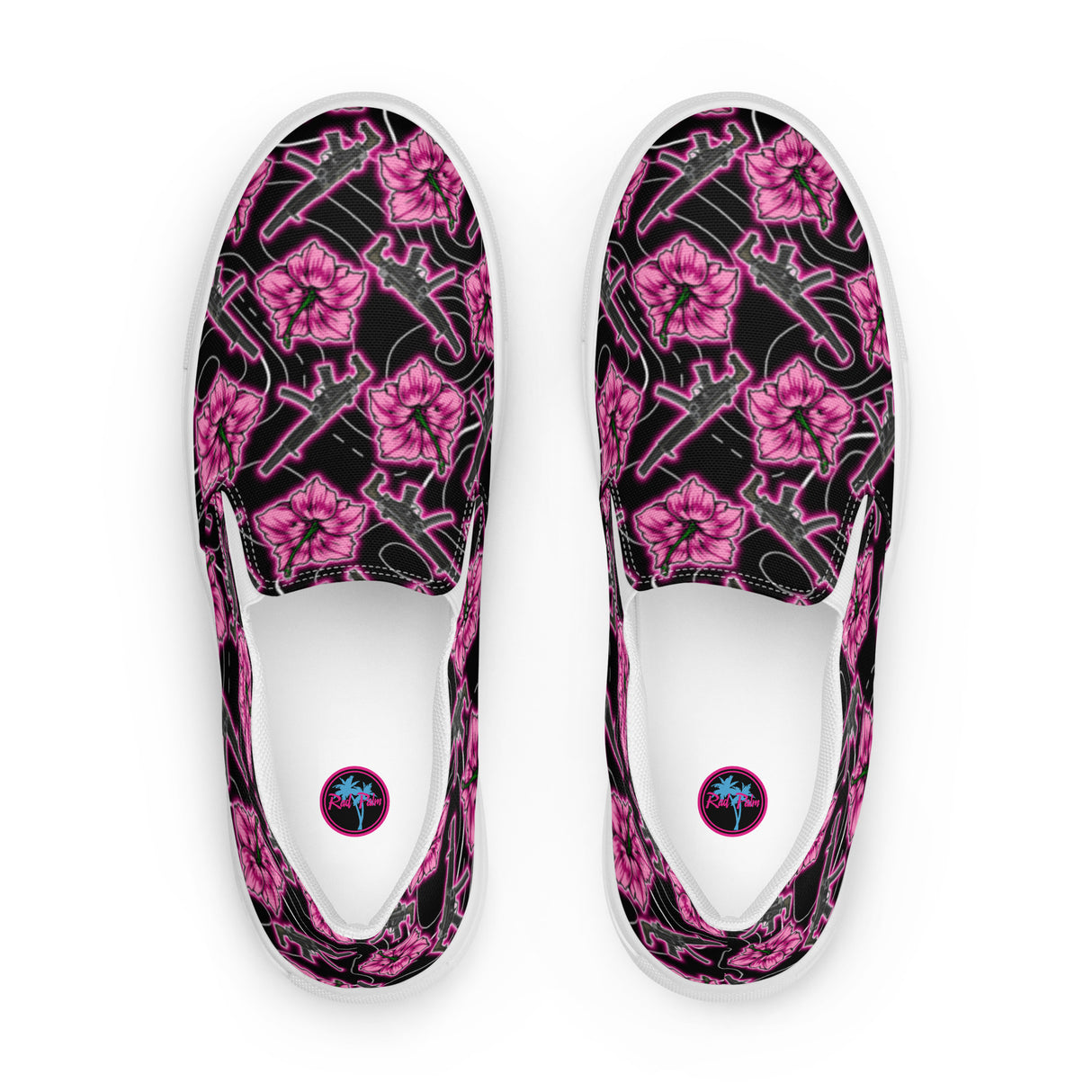 Rad Palm High Capacity Hibiscus Neon Black Men’s Slip-On Canvas Shoes