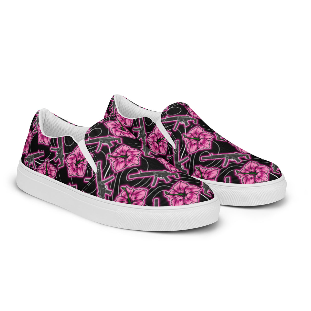 Rad Palm High Capacity Hibiscus Neon Black Men’s Slip-On Canvas Shoes