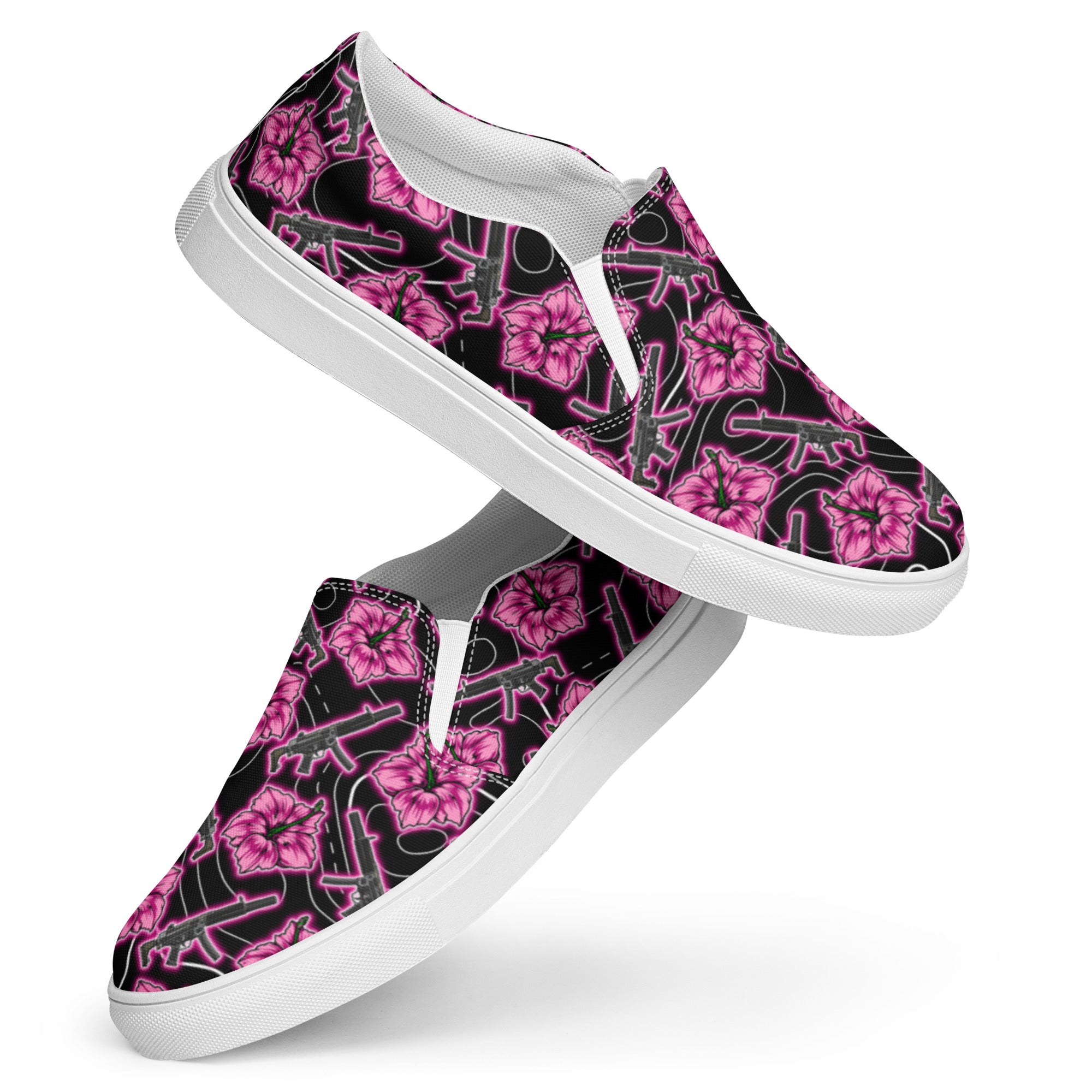 Rad Palm High Capacity Hibiscus Neon Black Women’s Slip-On Canvas Shoes